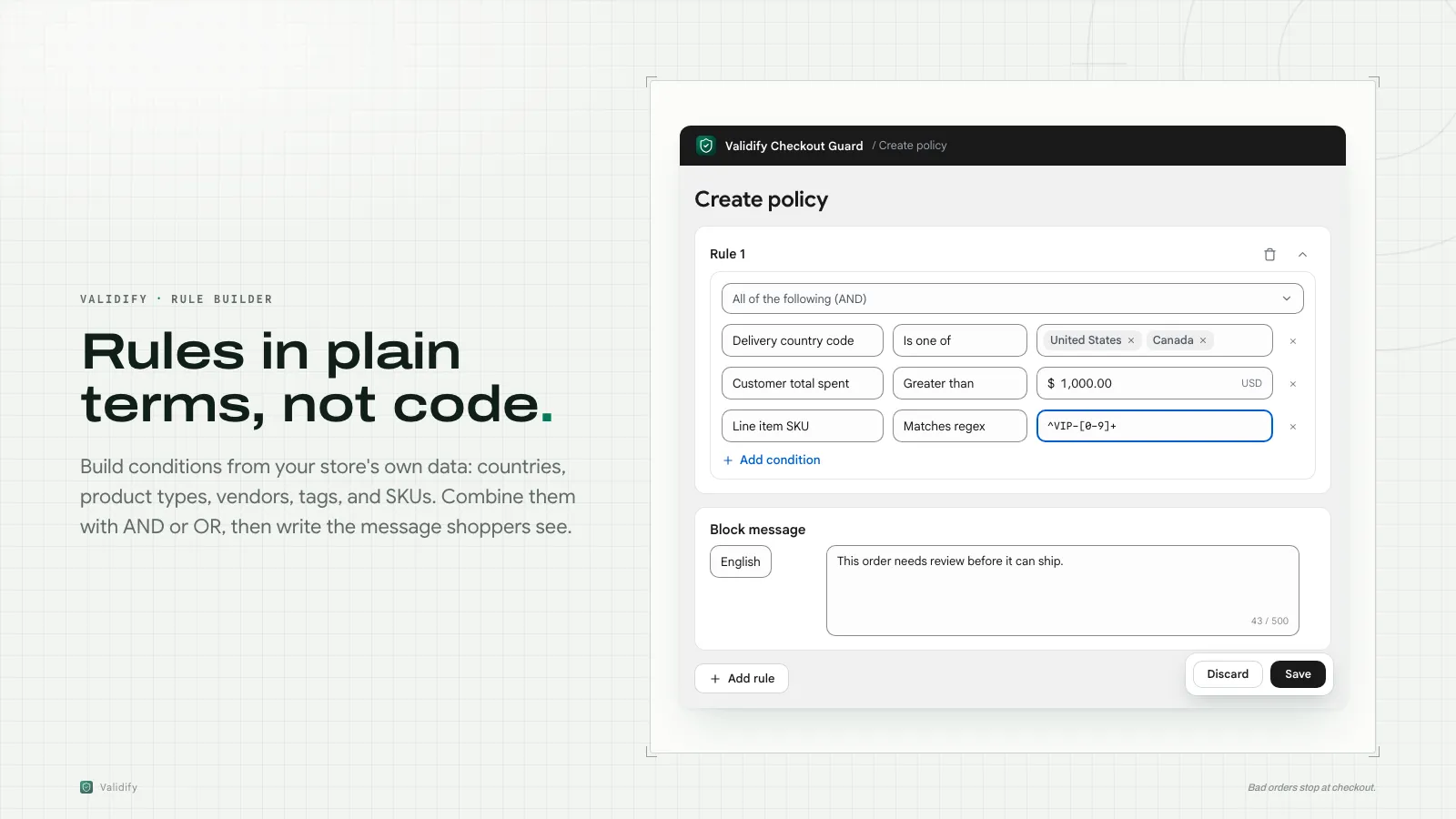 Validify Checkout Guard のルールビルダー画面。条件を組み合わせてチェックアウトルールを組み立てる管理画面。